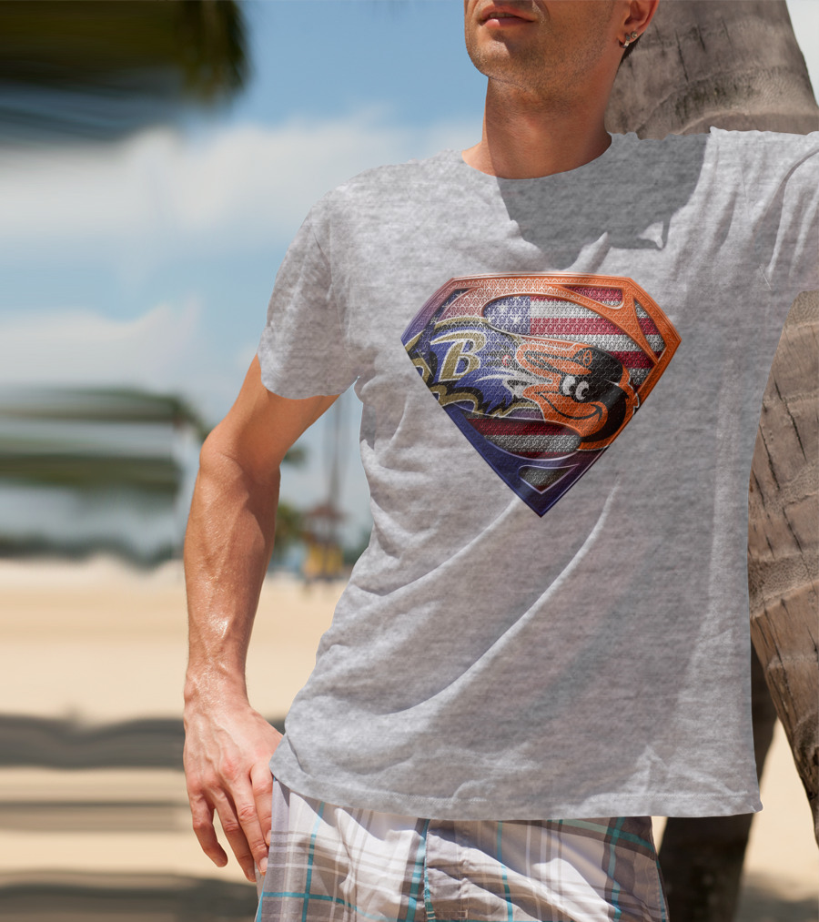 Baltimore Ravens Orioles American Flag Superman Shield T-Shirt