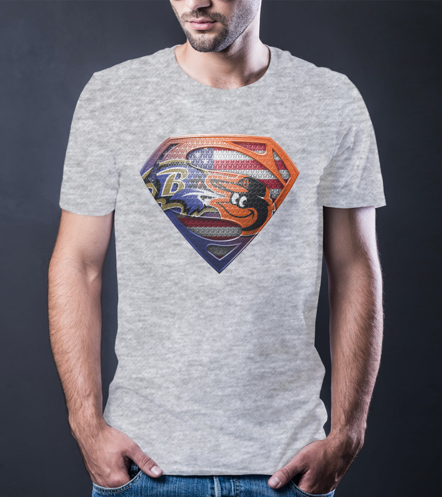 Baltimore Ravens Orioles American Flag Superman Shield T-Shirt