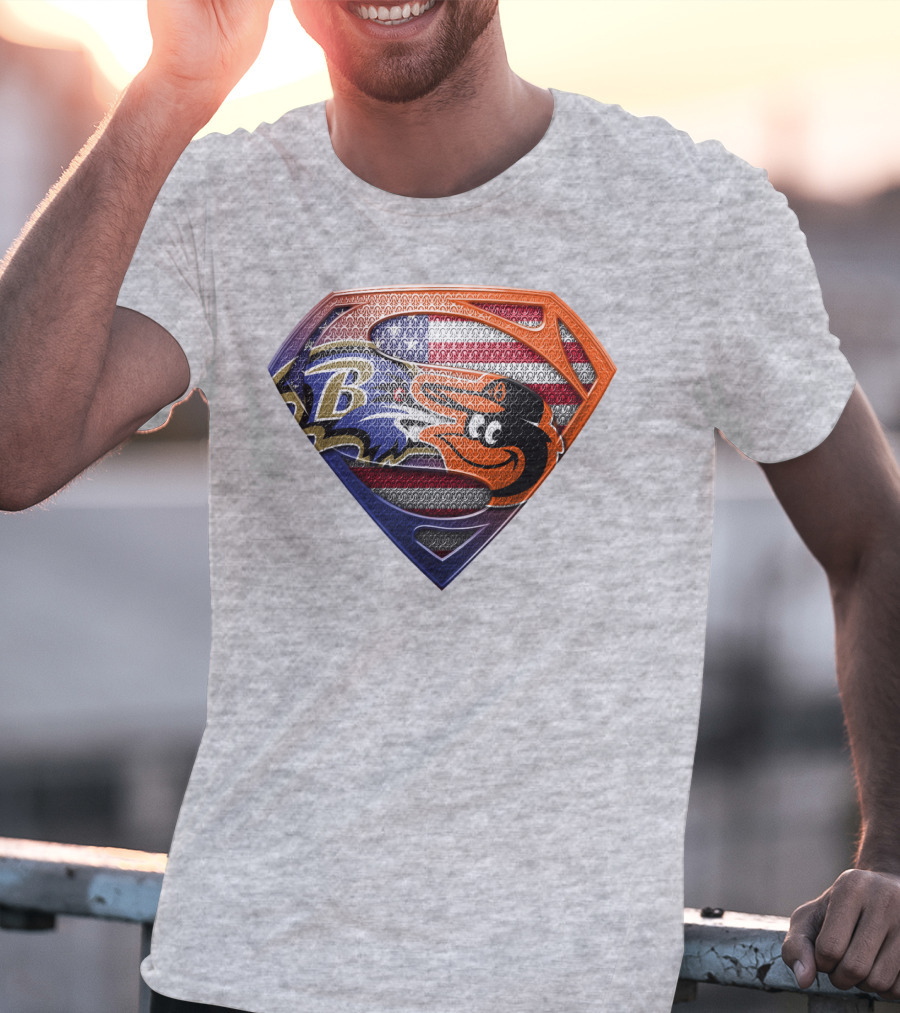 Baltimore Ravens Orioles American Flag Superman Shield T-Shirt