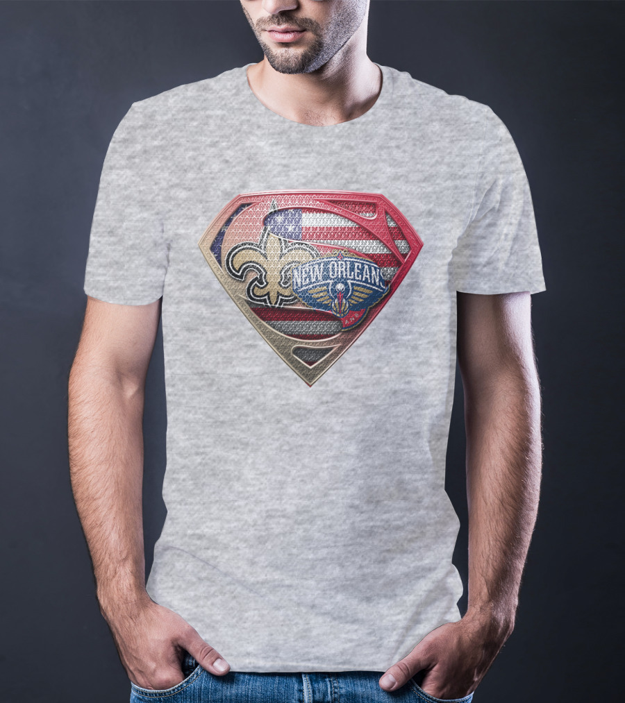 Superman Shield New Orleans Saints Pelicans American Flag T-Shirt