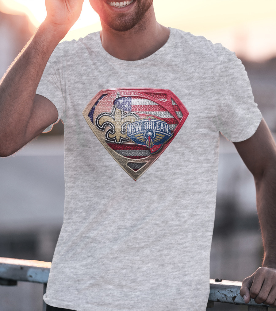 Superman Shield New Orleans Saints Pelicans American Flag T-Shirt
