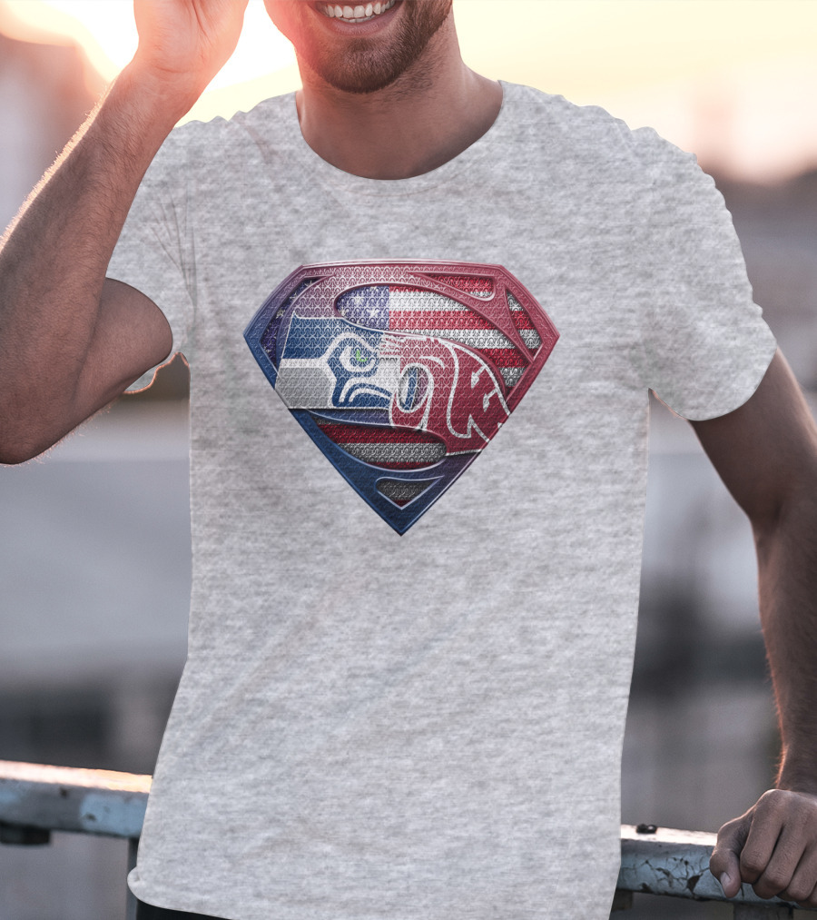 Seahawks Cougars Superman Shield Usa Flag T-Shirt
