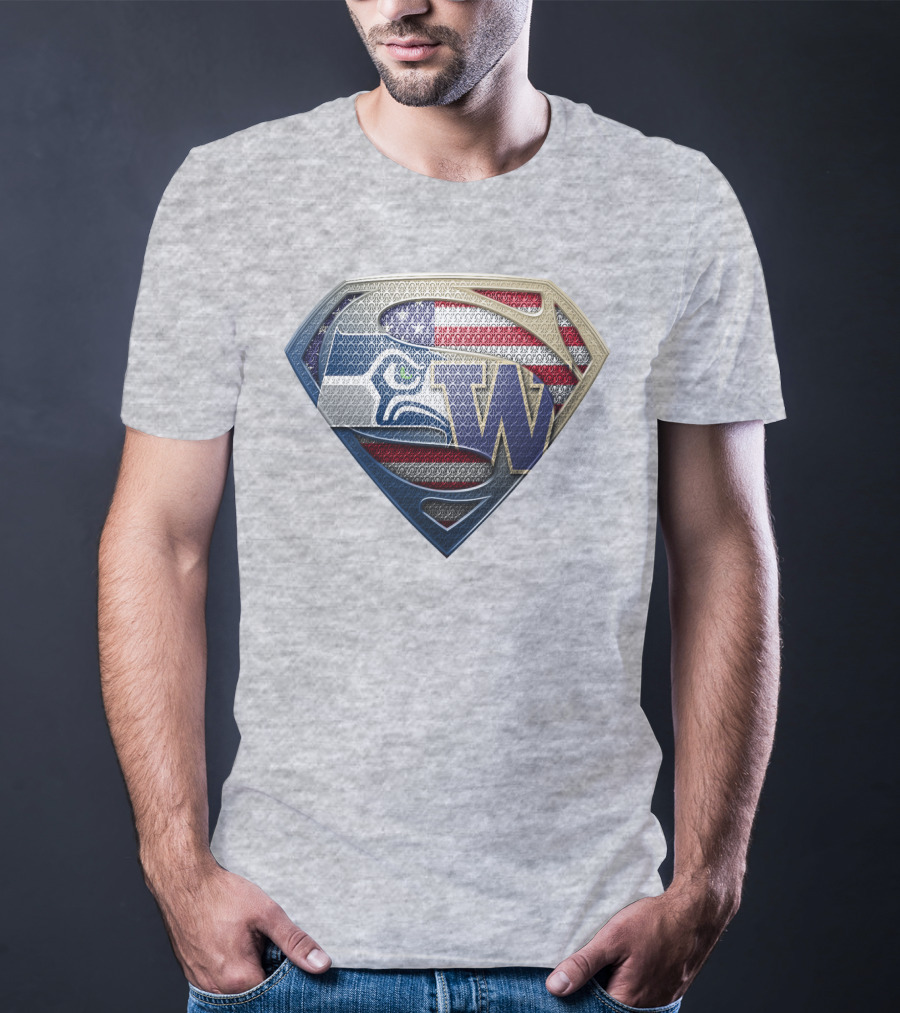Superman Logo Seahawks W American Flag Hybrid T-Shirt