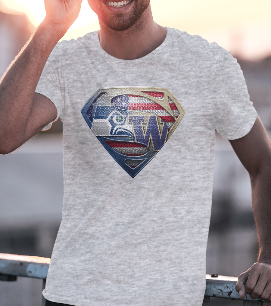 Superman Logo Seahawks W American Flag Hybrid T-Shirt