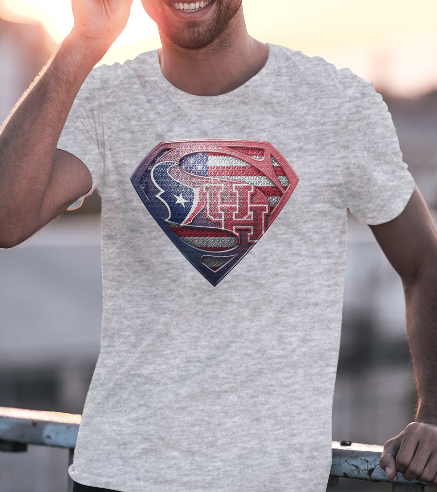 Houston Texans And University Of Houston Super Shield With American Flag T-Shirt