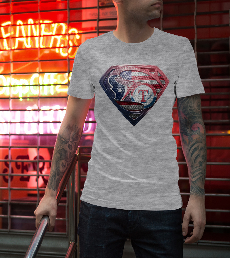Superman Shield Houston Texans And Texas Rangers American Flag T-Shirt