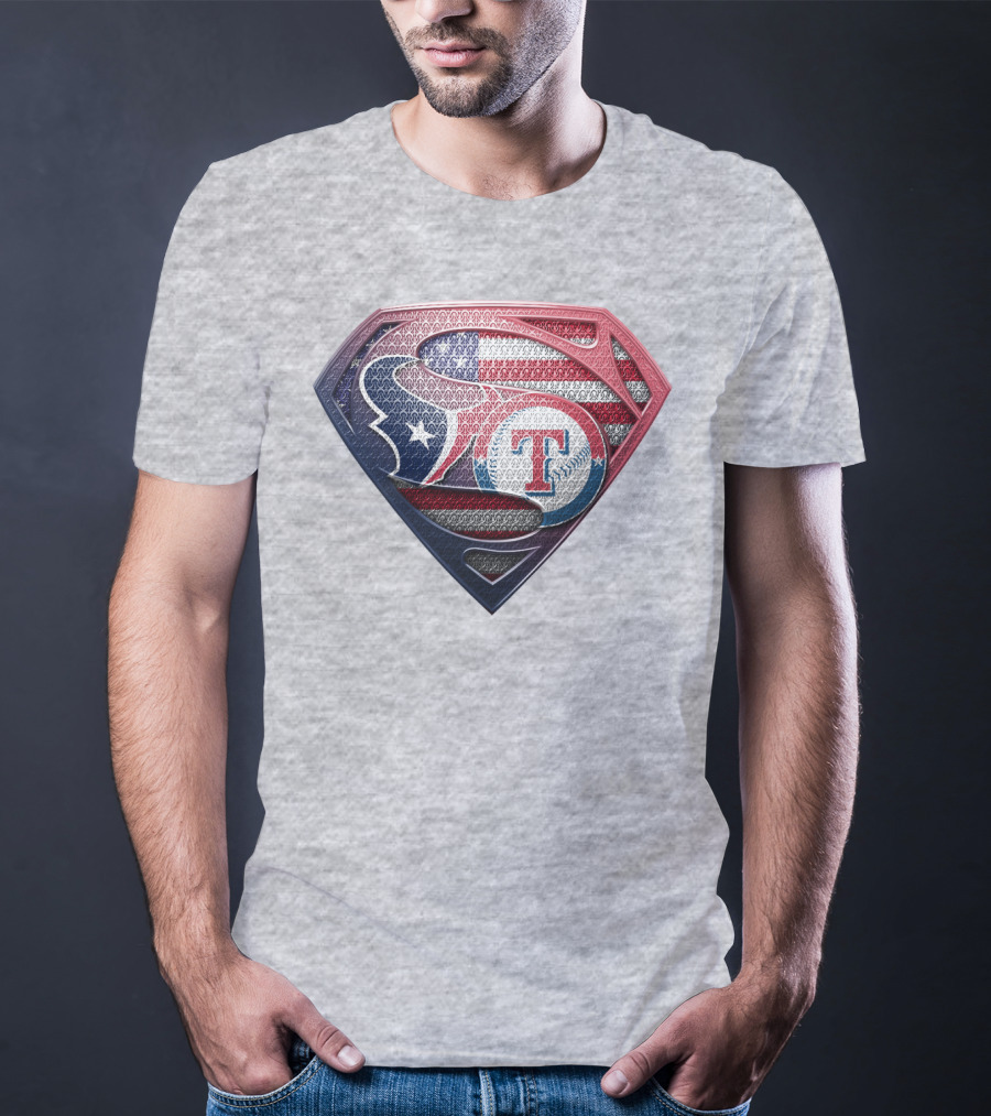 Superman Shield Houston Texans And Texas Rangers American Flag T-Shirt