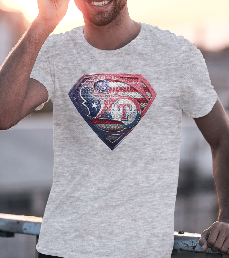 Superman Shield Houston Texans And Texas Rangers American Flag T-Shirt