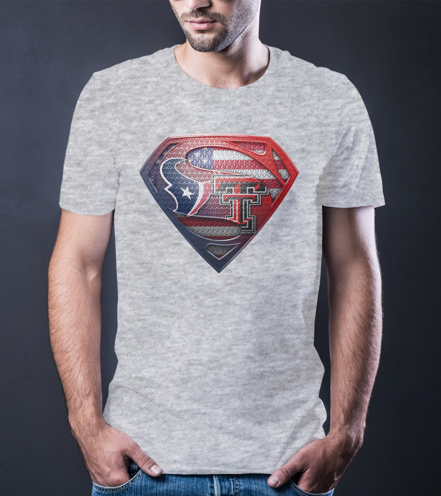 Superman Shield Texas Tech Red Raiders Houston Texans Usa Flag T-Shirt