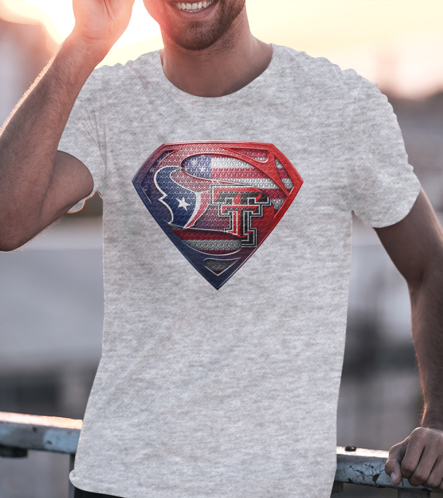 Superman Shield Texas Tech Red Raiders Houston Texans Usa Flag T-Shirt