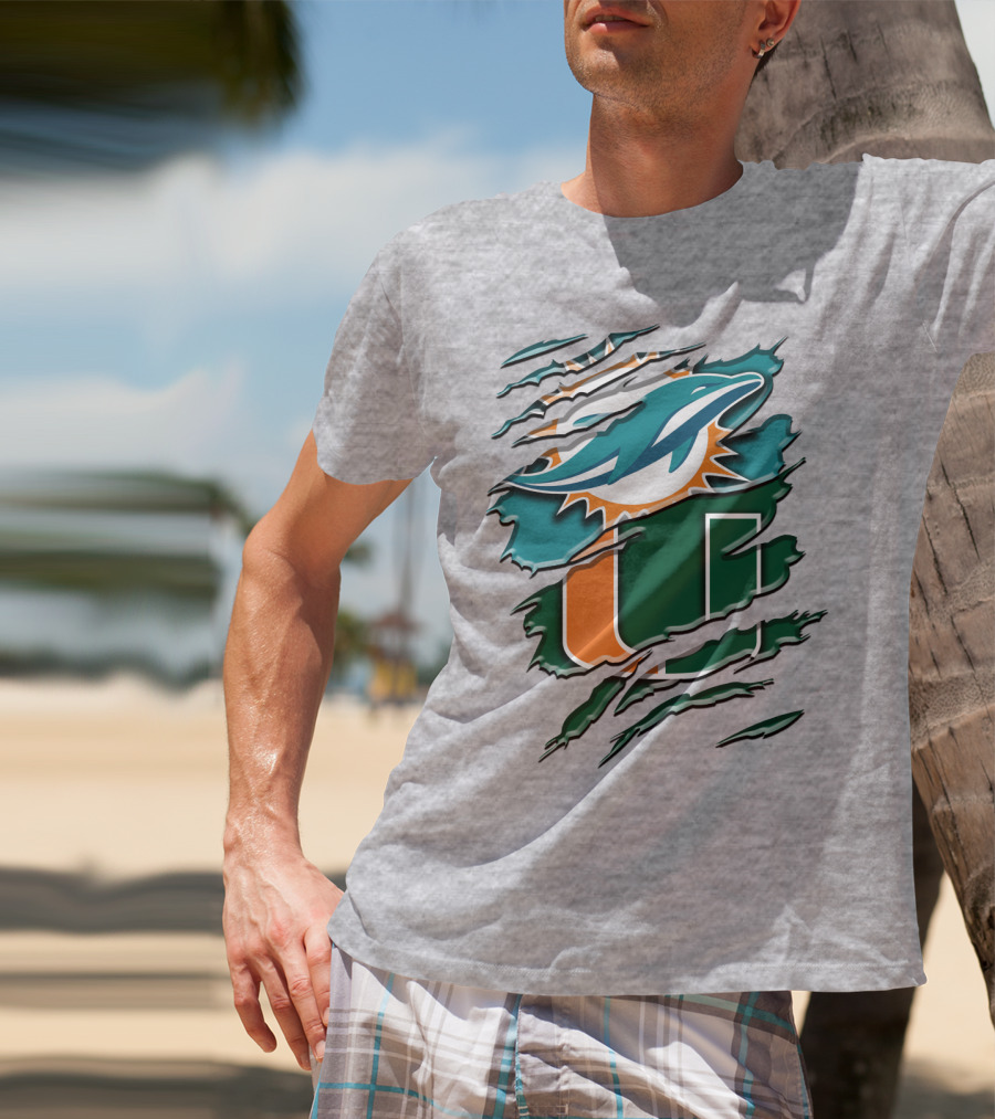 Miami Dolphins And University Of Miami Hurricanes Torn Design Rah 052 T-Shirt