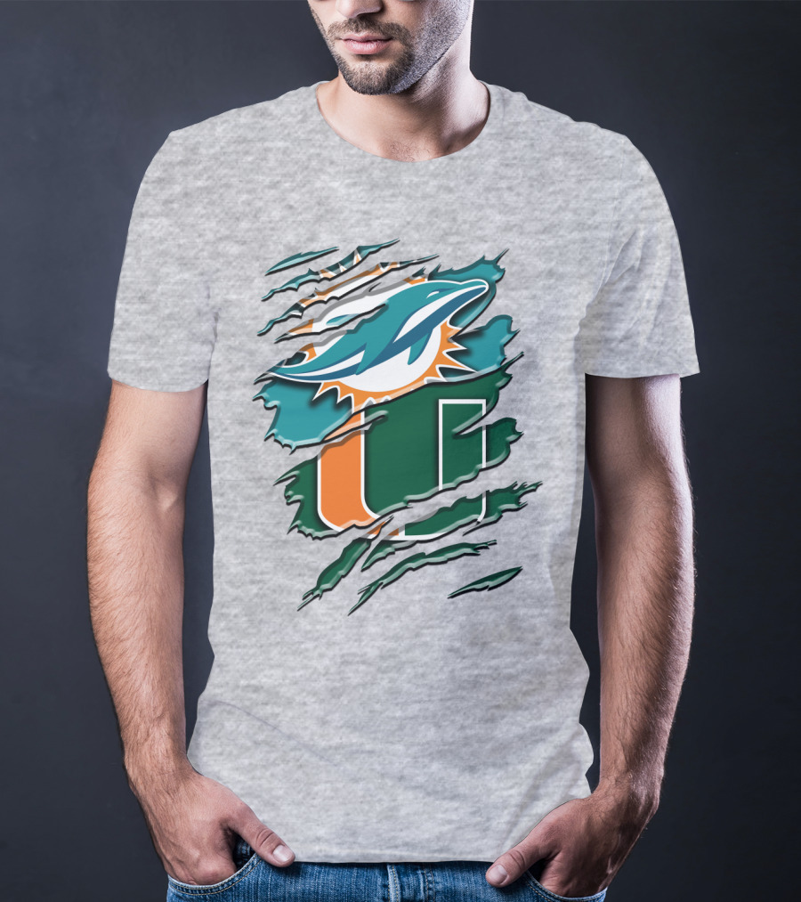 Miami Dolphins And University Of Miami Hurricanes Torn Design Rah 052 T-Shirt