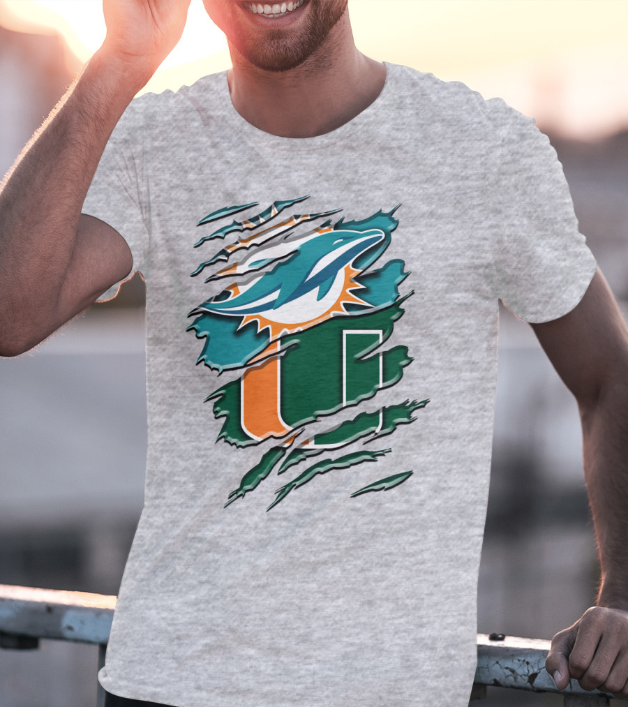 Miami Dolphins And University Of Miami Hurricanes Torn Design Rah 052 T-Shirt