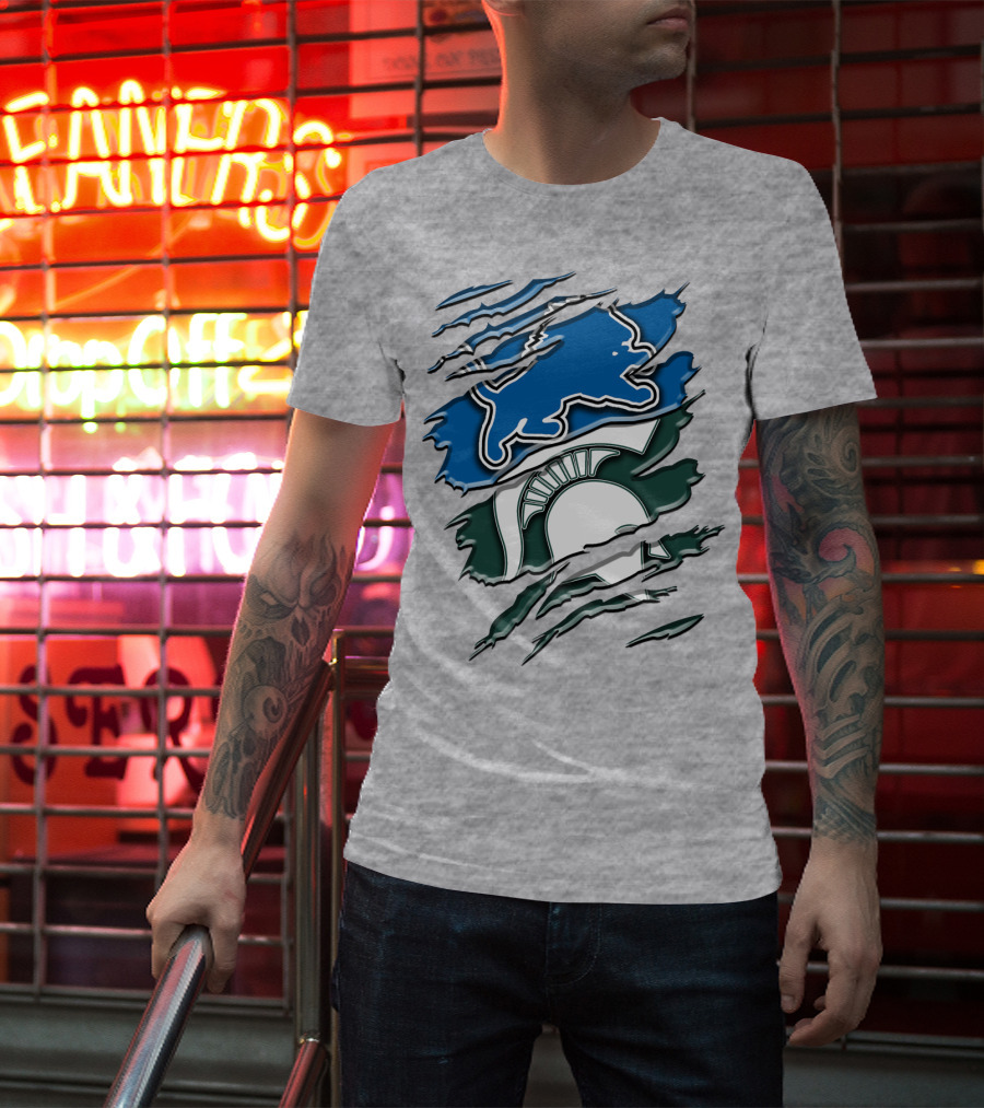 Detroit Lions Michigan State Spartans Ripped Claw Scratch Design Rah 076 T-Shirt