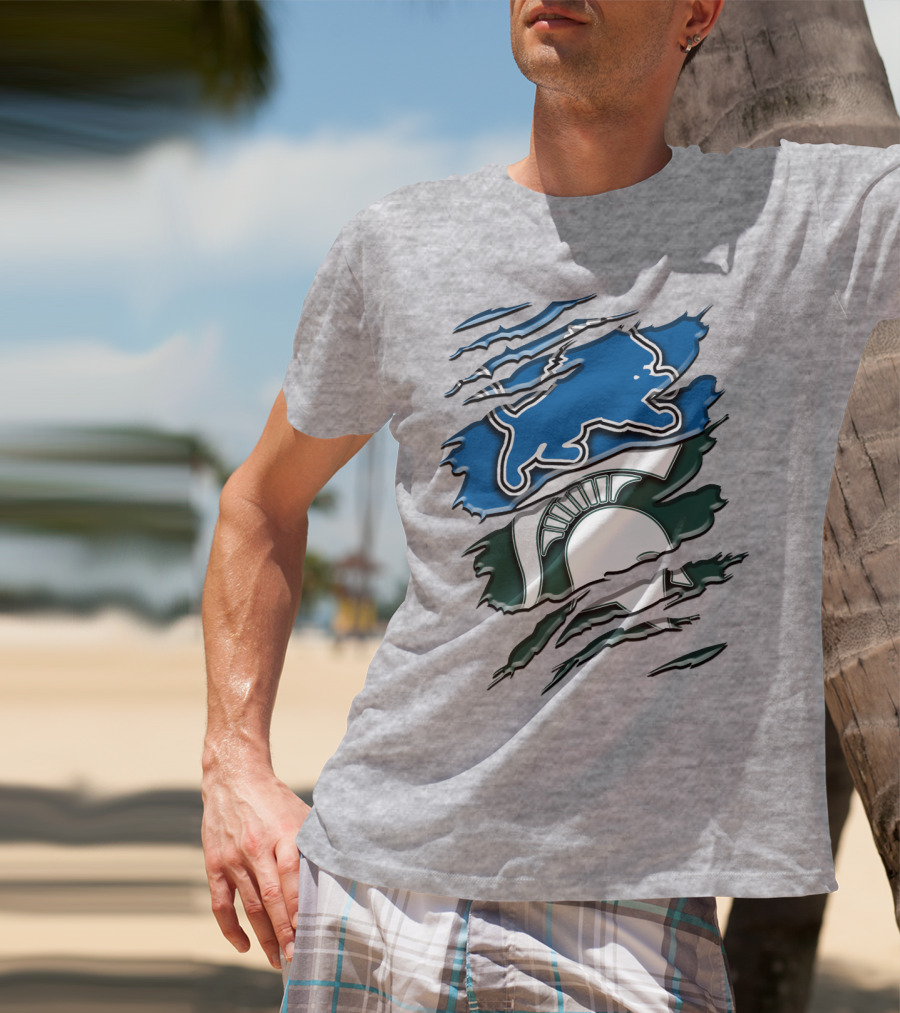 Detroit Lions Michigan State Spartans Ripped Claw Scratch Design Rah 076 T-Shirt