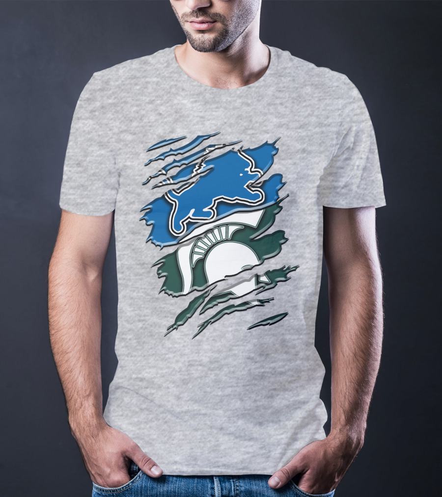 Detroit Lions Michigan State Spartans Ripped Claw Scratch Design Rah 076 T-Shirt