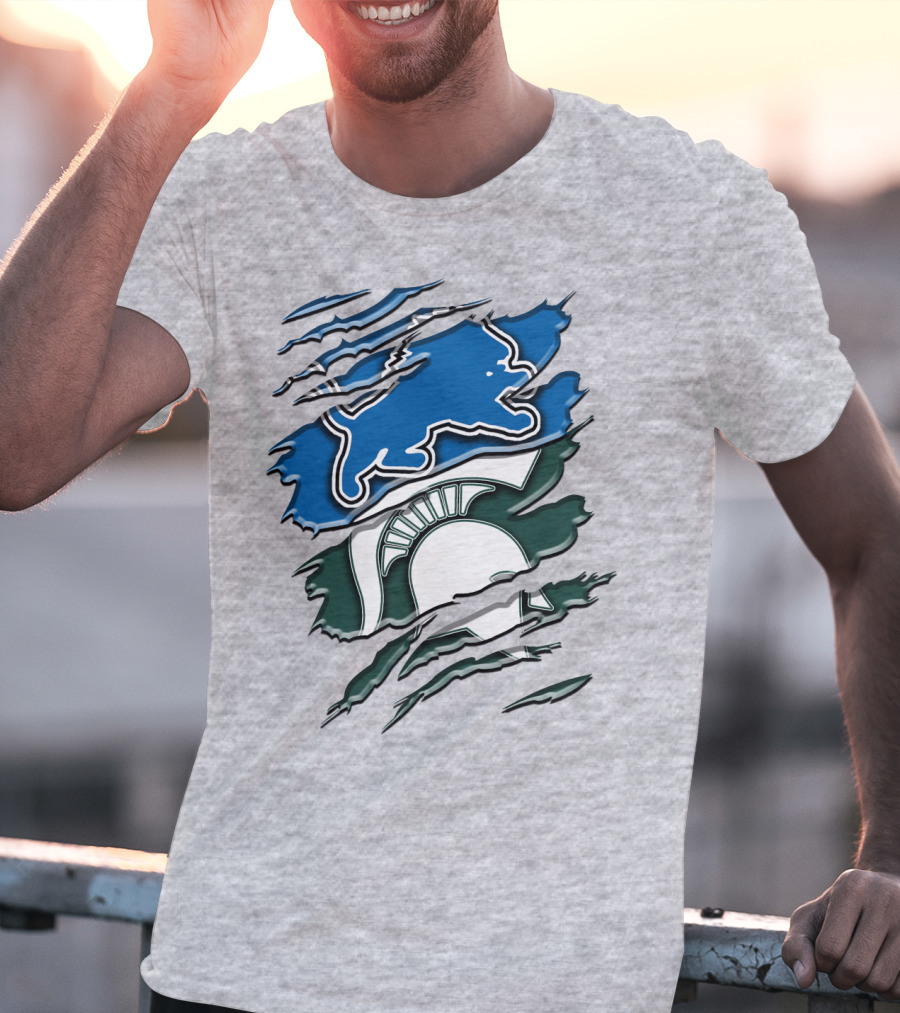 Detroit Lions Michigan State Spartans Ripped Claw Scratch Design Rah 076 T-Shirt