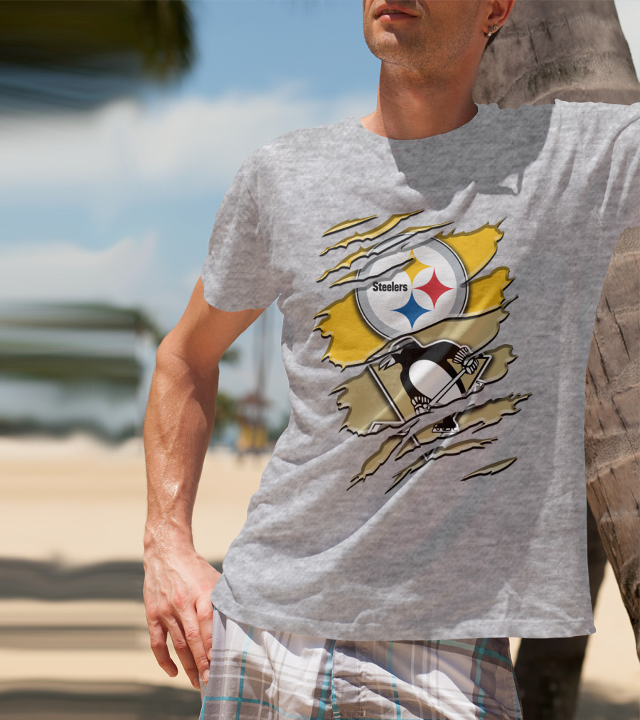 Steelers Penguins Torn Scratches Logo Collaboration T-Shirt