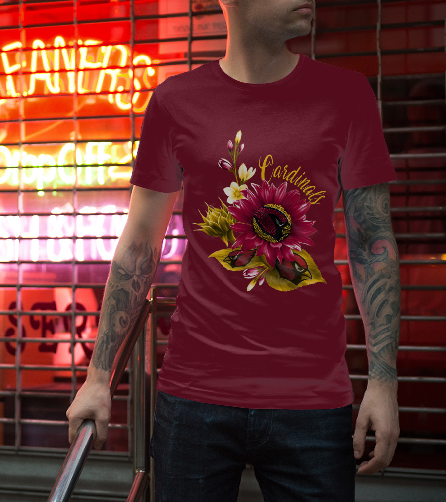 Cardinals Floral Sunflower And Bird Art On Red T-Shirt