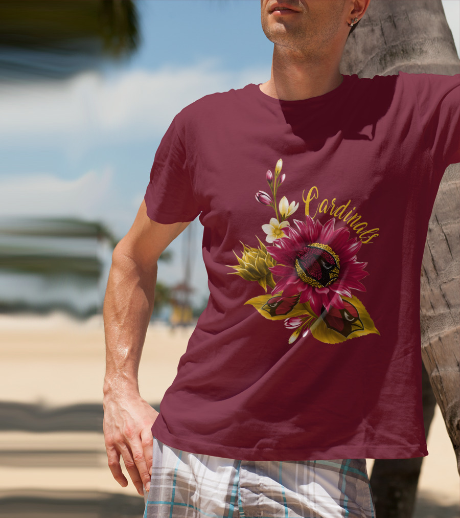 Cardinals Floral Sunflower And Bird Art On Red T-Shirt
