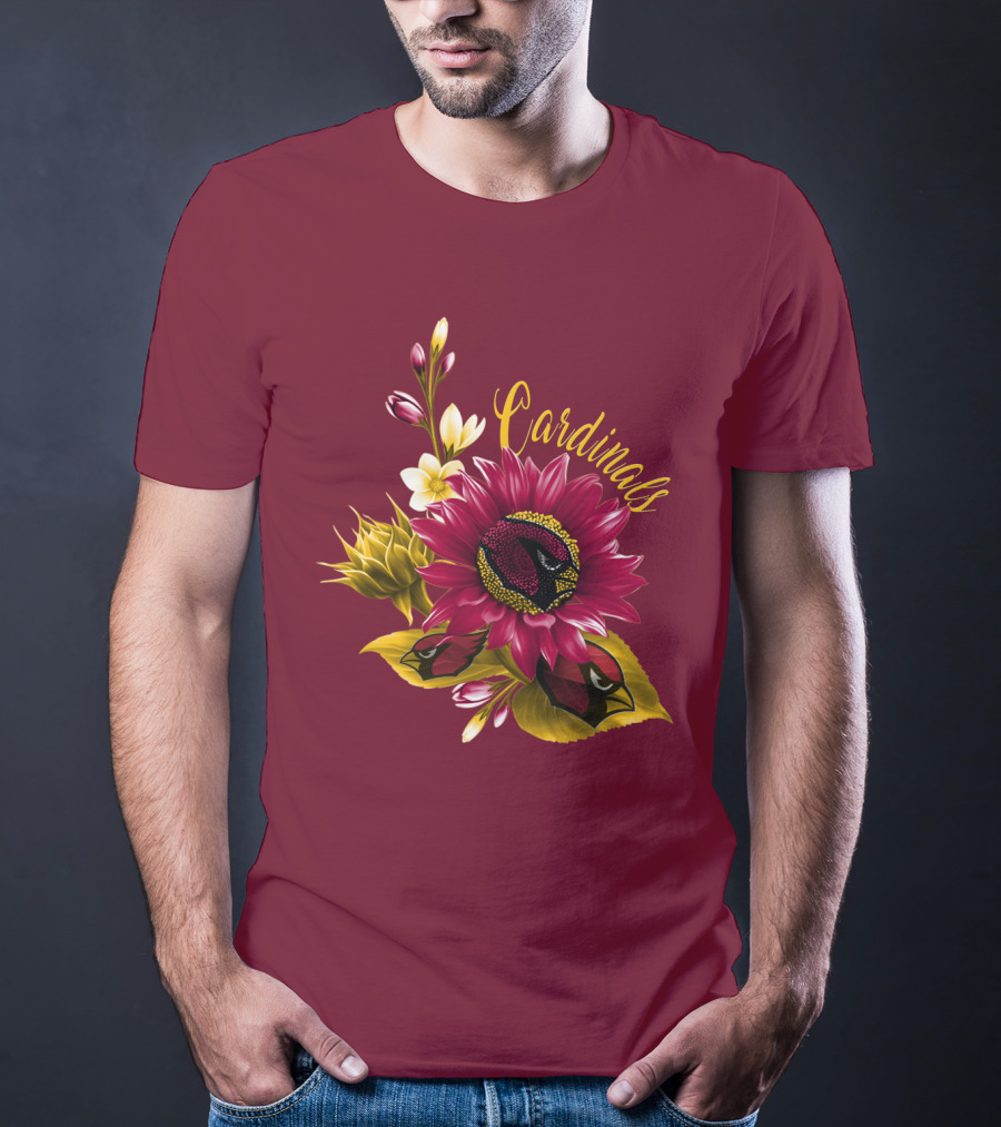Cardinals Floral Sunflower And Bird Art On Red T-Shirt