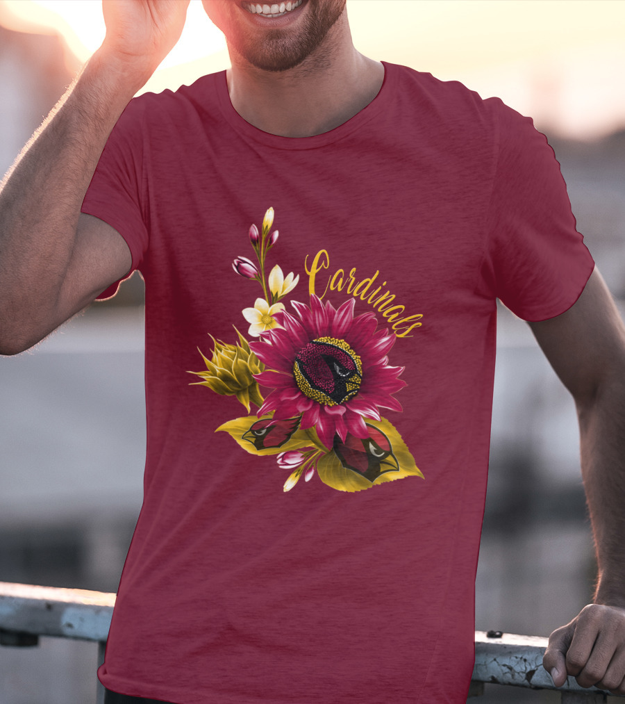 Cardinals Floral Sunflower And Bird Art On Red T-Shirt