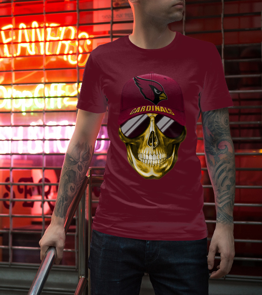 Arizona Cardinals Skull With Hat And Sunglasses T-Shirt