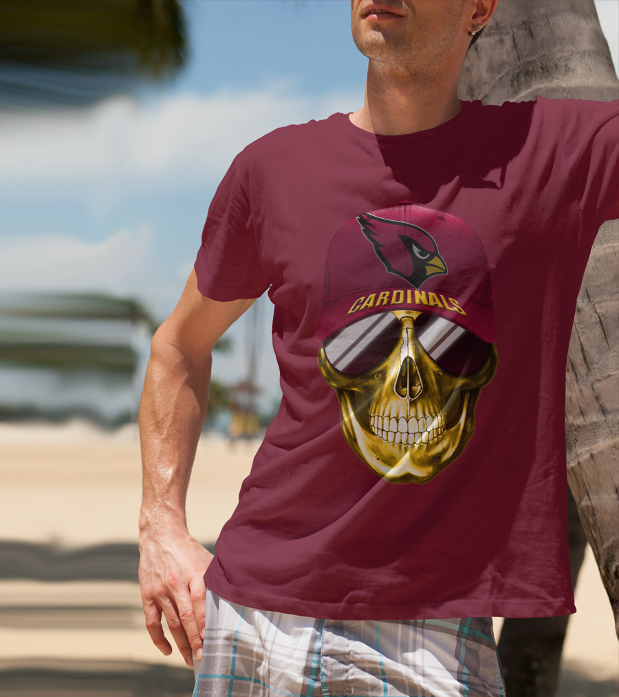 Arizona Cardinals Skull With Hat And Sunglasses T-Shirt
