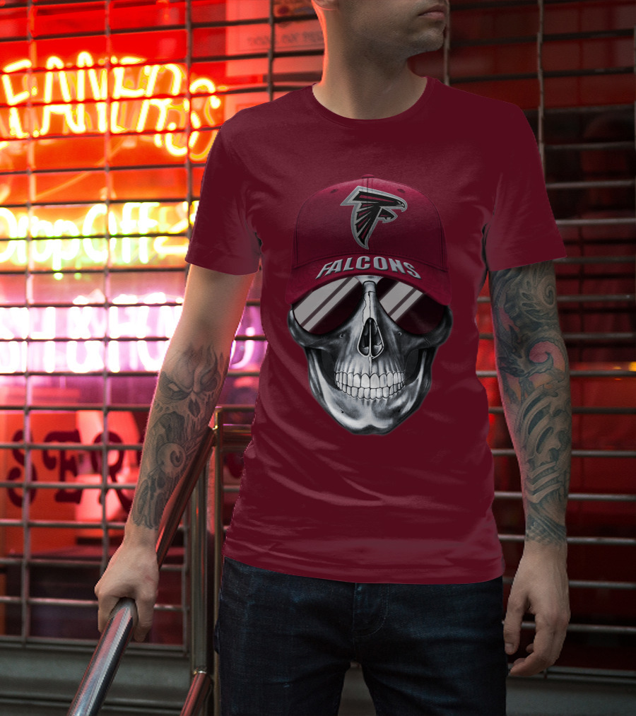 Atlanta Falcons Skull With Logo Hat And Sunglasses T-Shirt