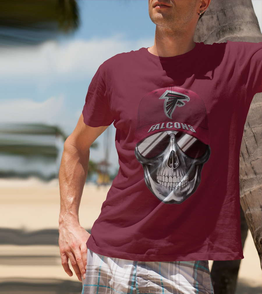 Atlanta Falcons Skull With Logo Hat And Sunglasses T-Shirt