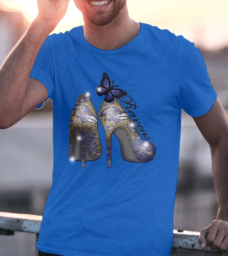 Ravens High Heels With Butterfly Baltimore Ravens Logos T-Shirt