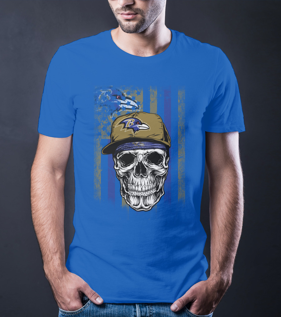 Baltimore Ravens Skull With Hat And Stylized Flag Elements T-Shirt