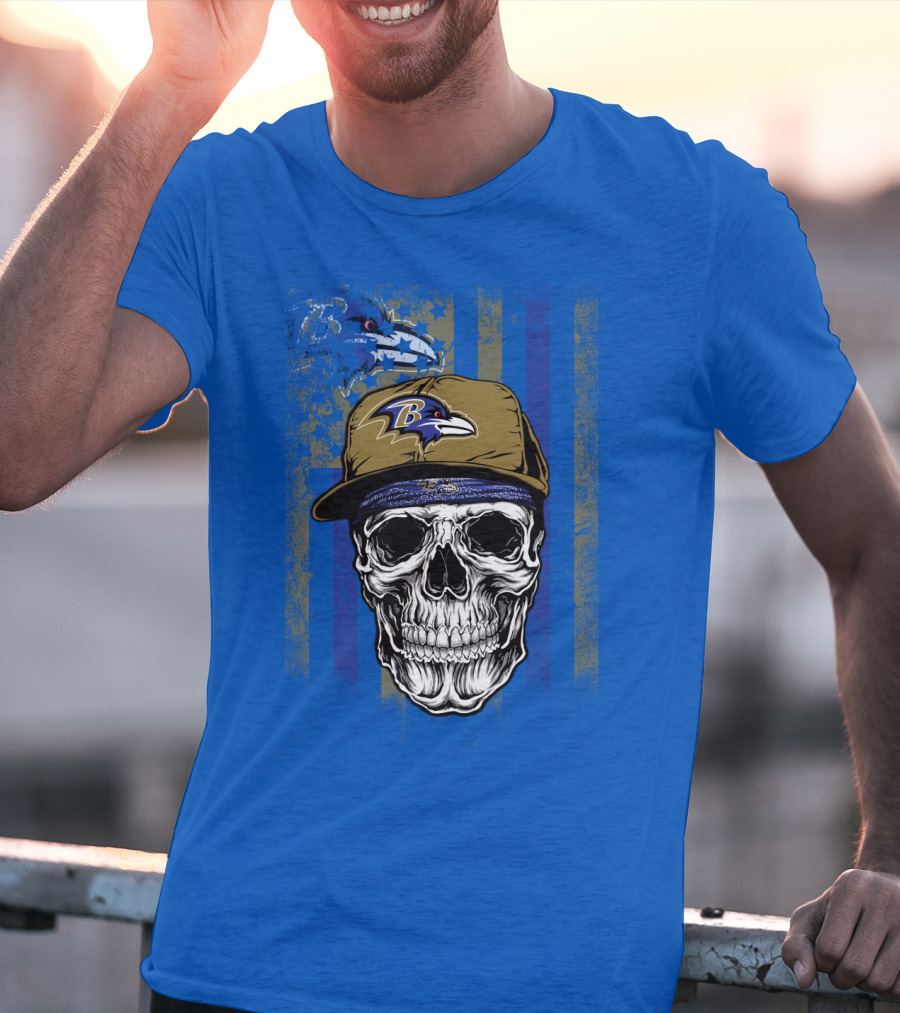 Baltimore Ravens Skull With Hat And Stylized Flag Elements T-Shirt