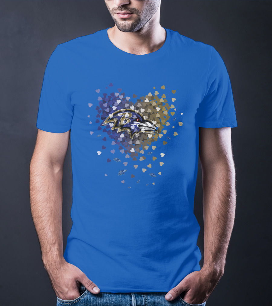 Baltimore Ravens Heart Design With Logo And Multicolored Hearts T-Shirt
