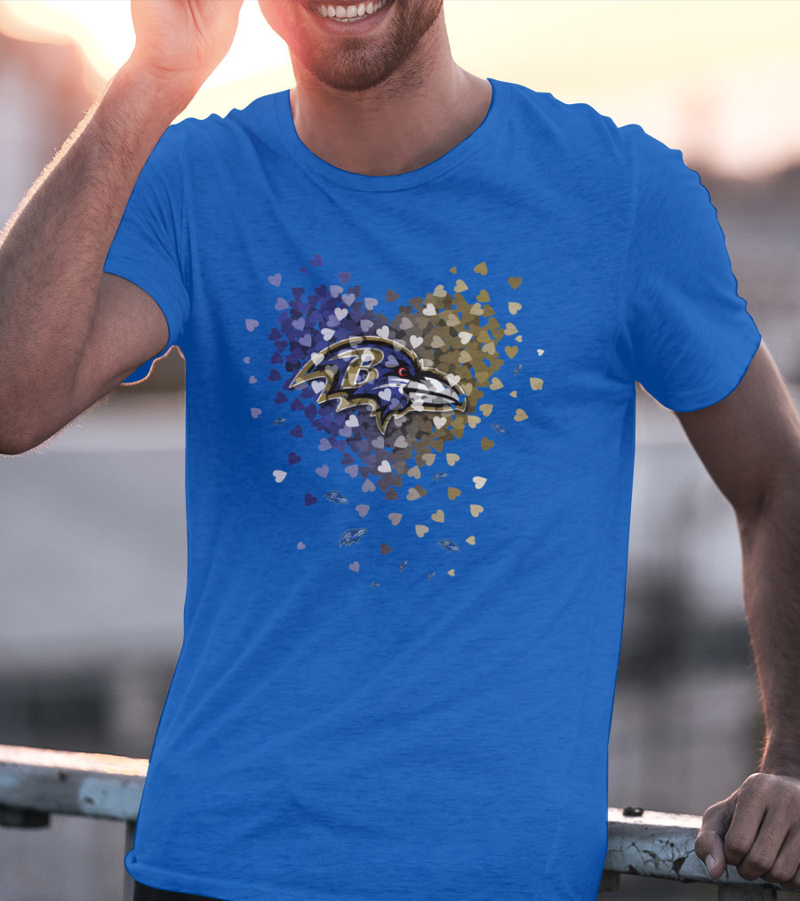 Baltimore Ravens Heart Design With Logo And Multicolored Hearts T-Shirt
