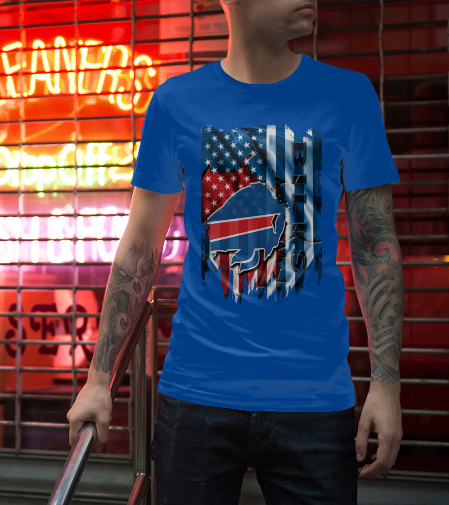 Buffalo Bills American Flag Collage With Team Logo And Bold Vertical T-Shirt