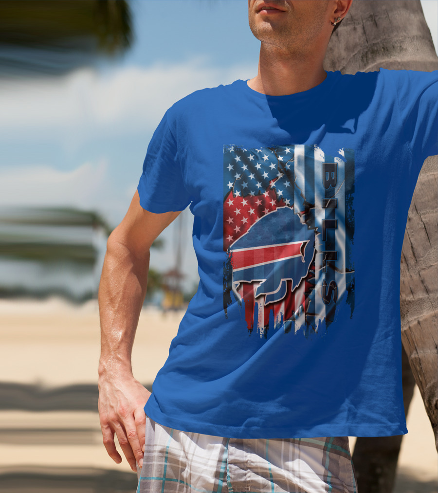Buffalo Bills American Flag Collage With Team Logo And Bold Vertical T-Shirt