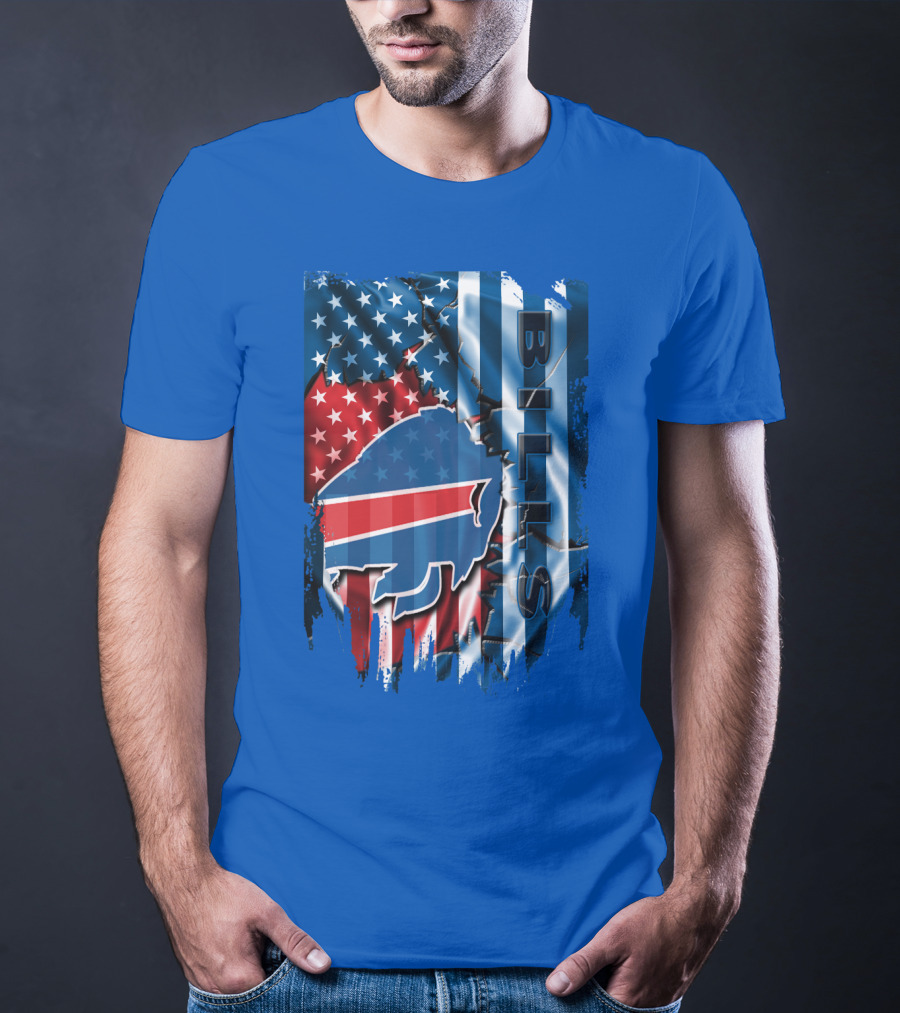 Buffalo Bills American Flag Collage With Team Logo And Bold Vertical T-Shirt
