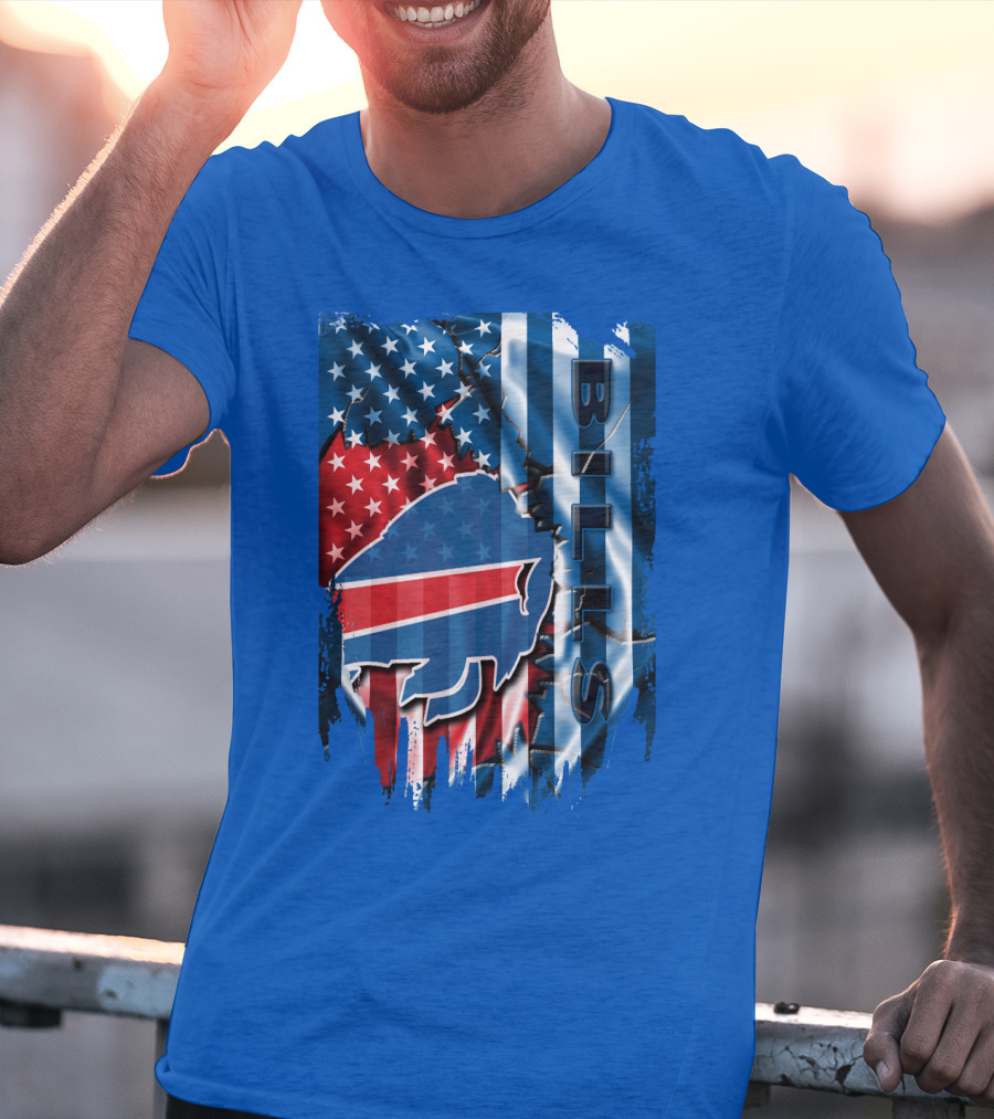 Buffalo Bills American Flag Collage With Team Logo And Bold Vertical T-Shirt