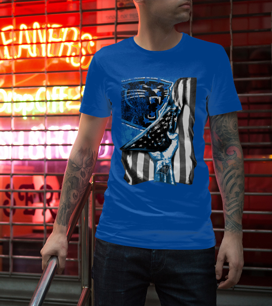 Carolina Panthers American Flag Hand Blue Graphic Fan Merchandise T-Shirt