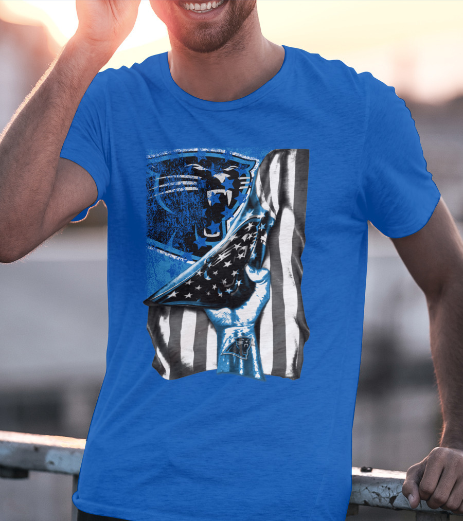 Carolina Panthers American Flag Hand Blue Graphic Fan Merchandise T-Shirt