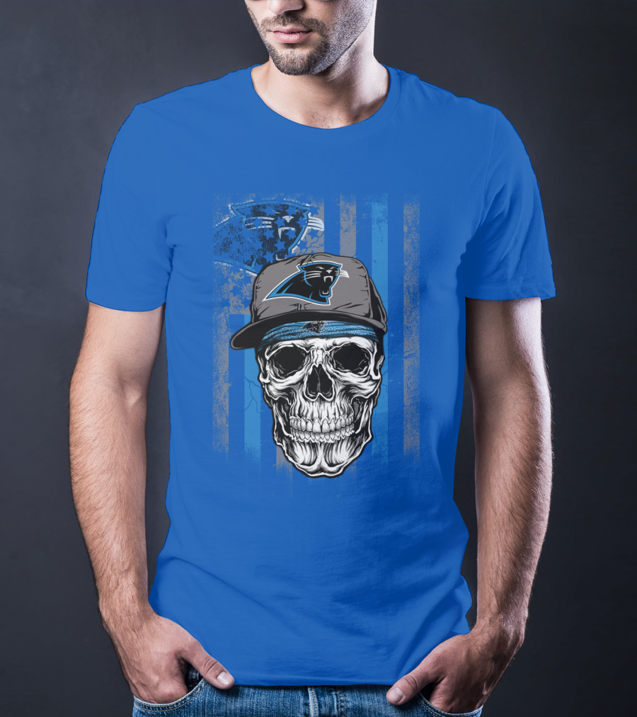 Carolina Panthers Skull With Hat And Striped T-Shirt