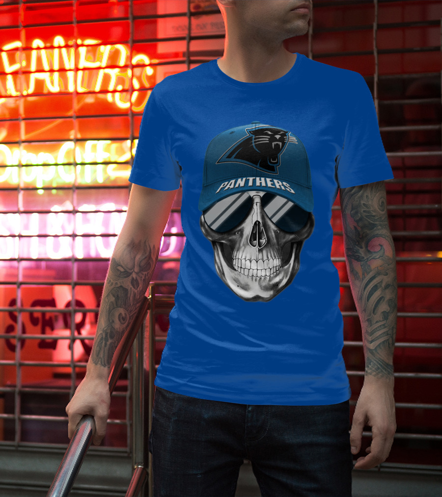 Carolina Panthers Skull Wearing Team Hat And Sunglasses T-Shirt