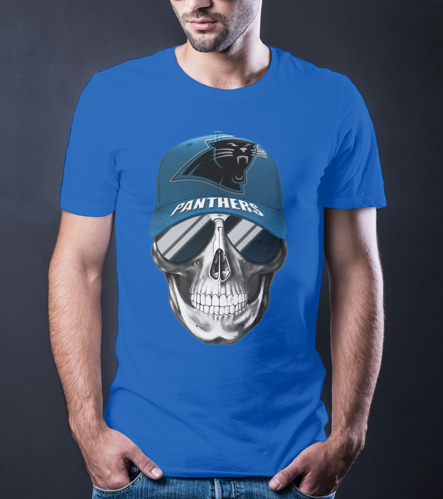 Carolina Panthers Skull Wearing Team Hat And Sunglasses T-Shirt