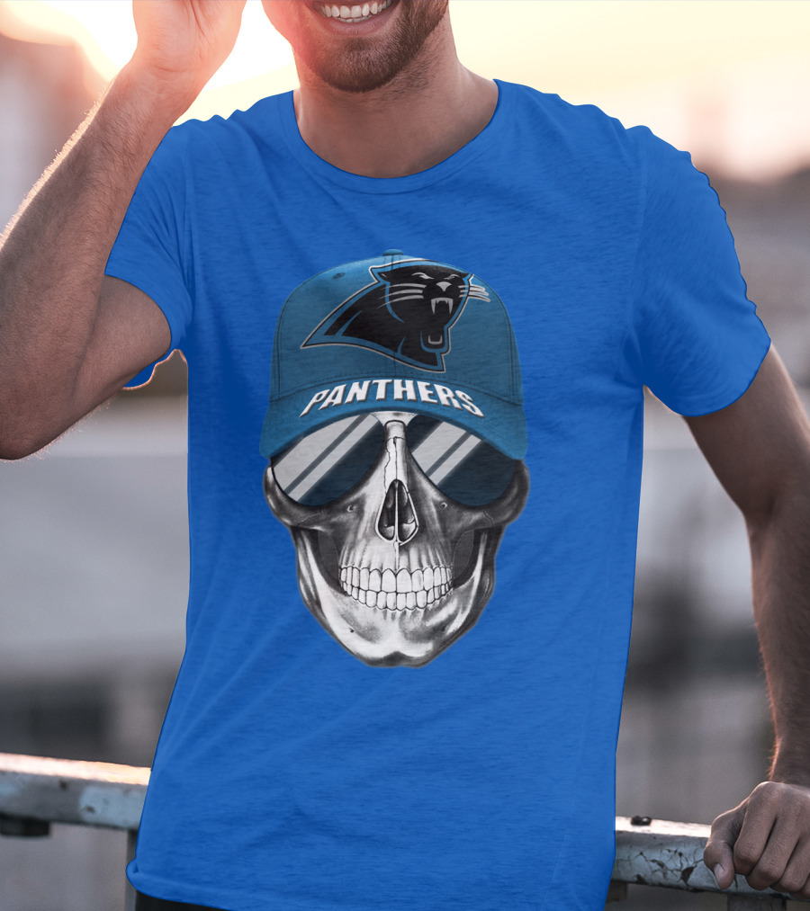 Carolina Panthers Skull Wearing Team Hat And Sunglasses T-Shirt