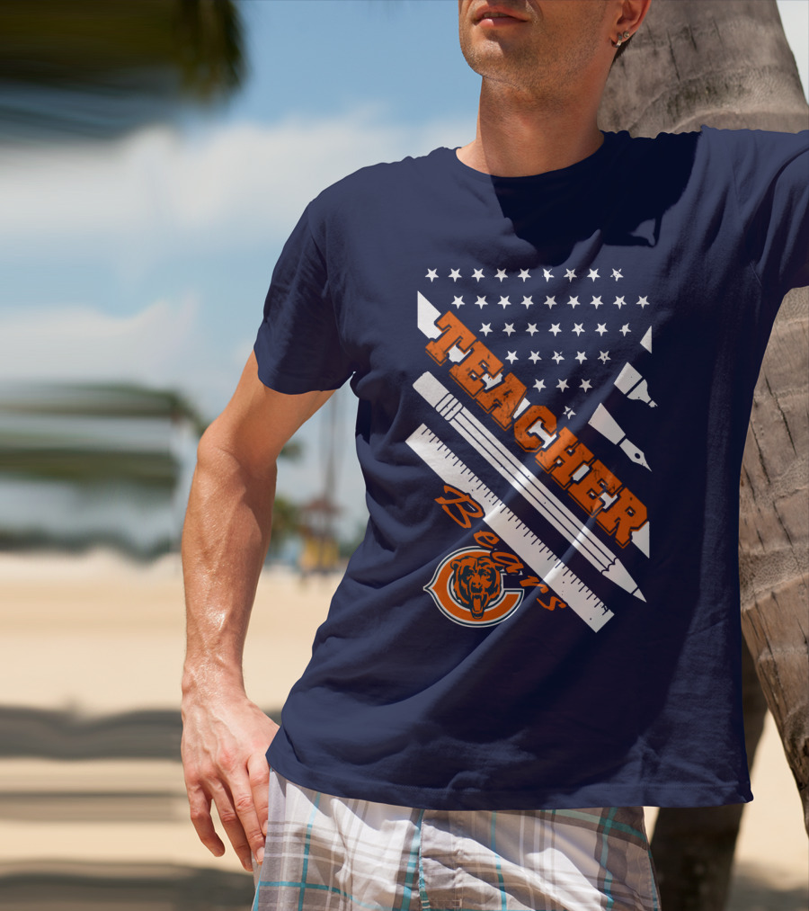 Chicago Bears Teacher American Flag Ruler And Pens T-Shirt