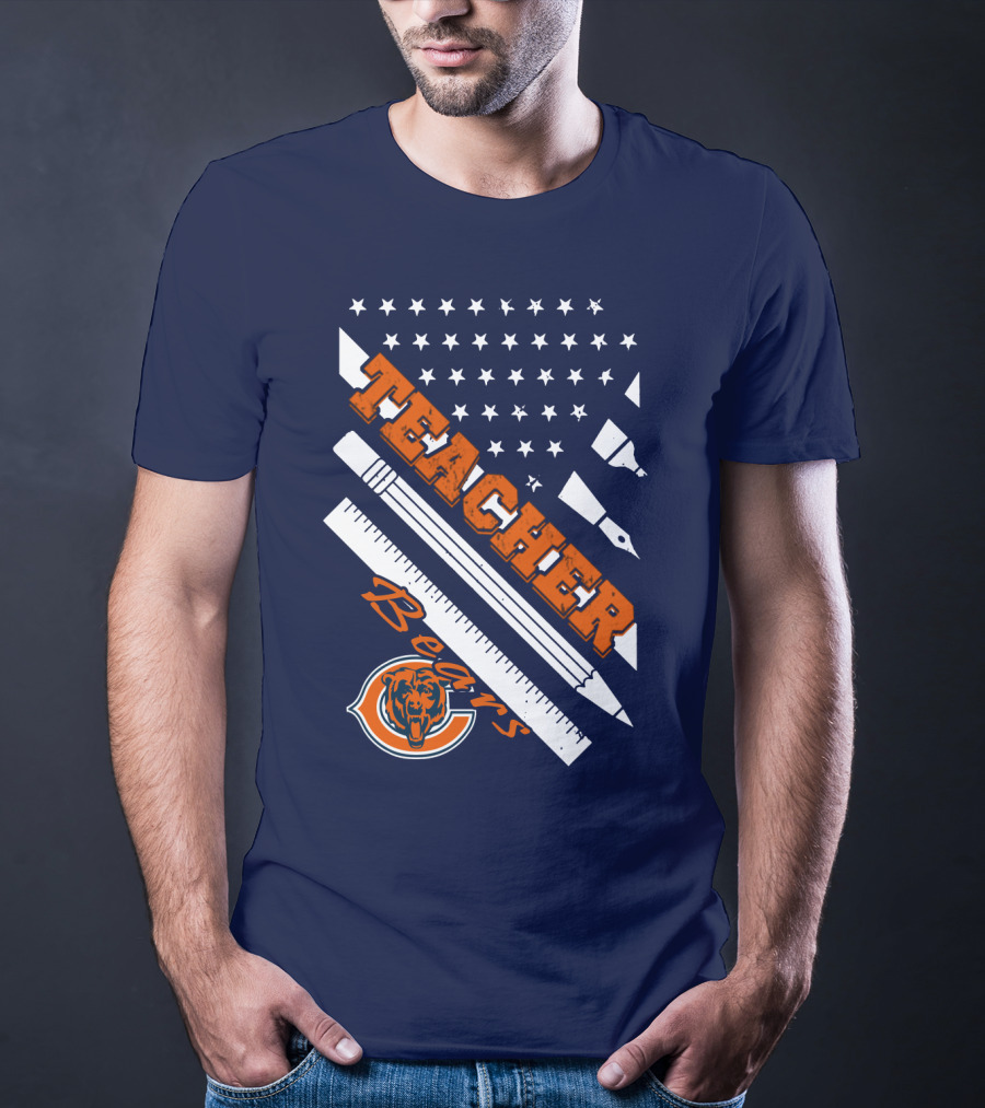 Chicago Bears Teacher American Flag Ruler And Pens T-Shirt