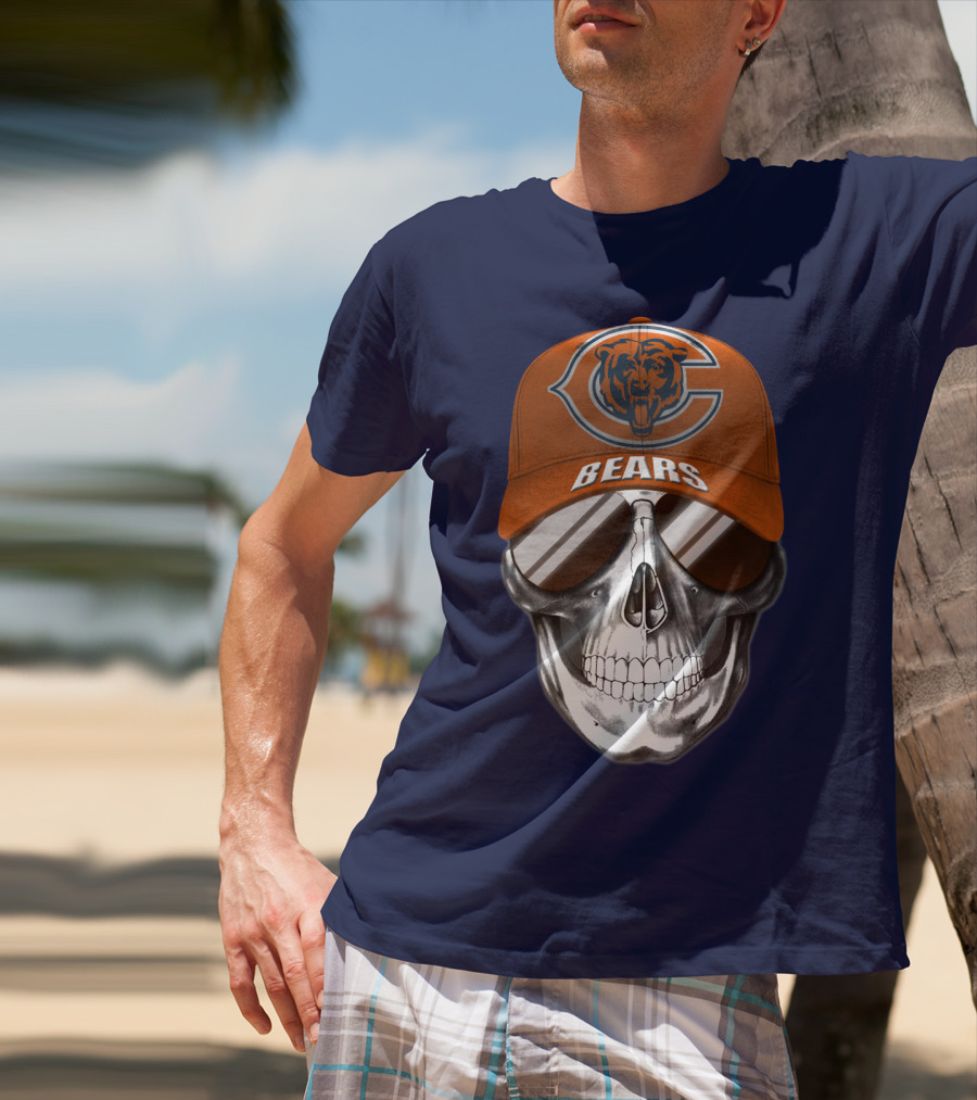 Chicago Bears Skull Cap With Logo And Sunglasses T-Shirt