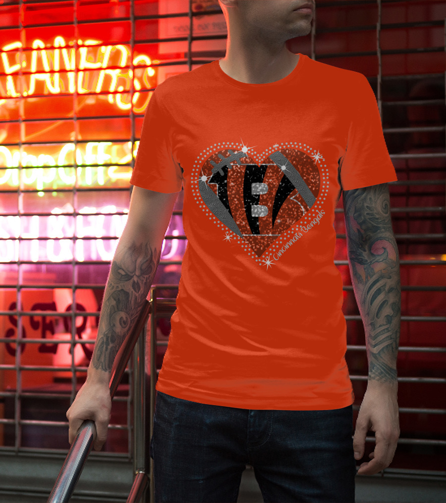 Cincinnati Bengals Heart Sparkle Football T-Shirt