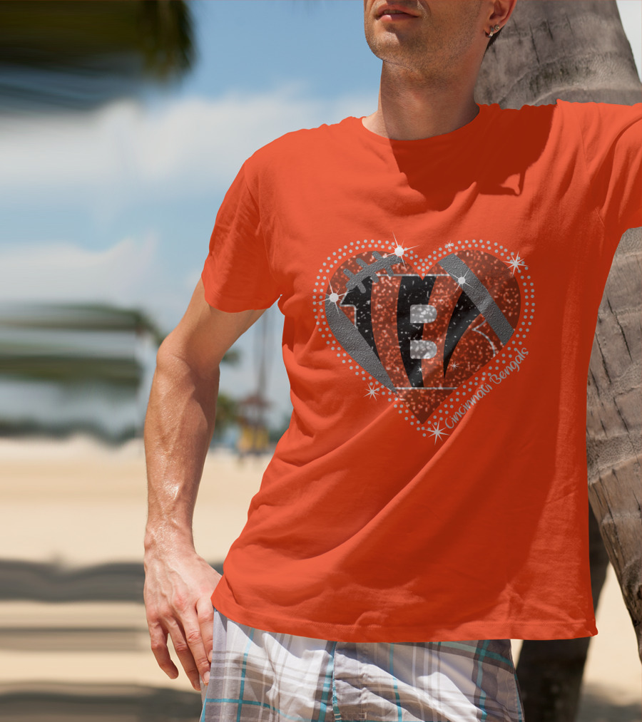Cincinnati Bengals Heart Sparkle Football T-Shirt